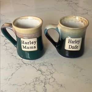 Tumbleweed Pottery Harley Mama and Harley Dude Ceramic Mugs - Green and Blue